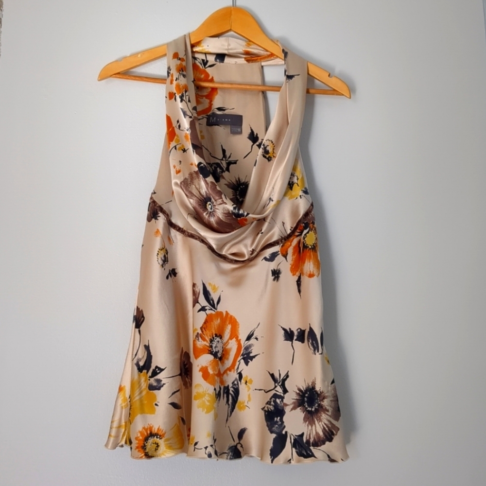 Feminine Floral 100% Silk Halter Top Womens Size 16 Y2K